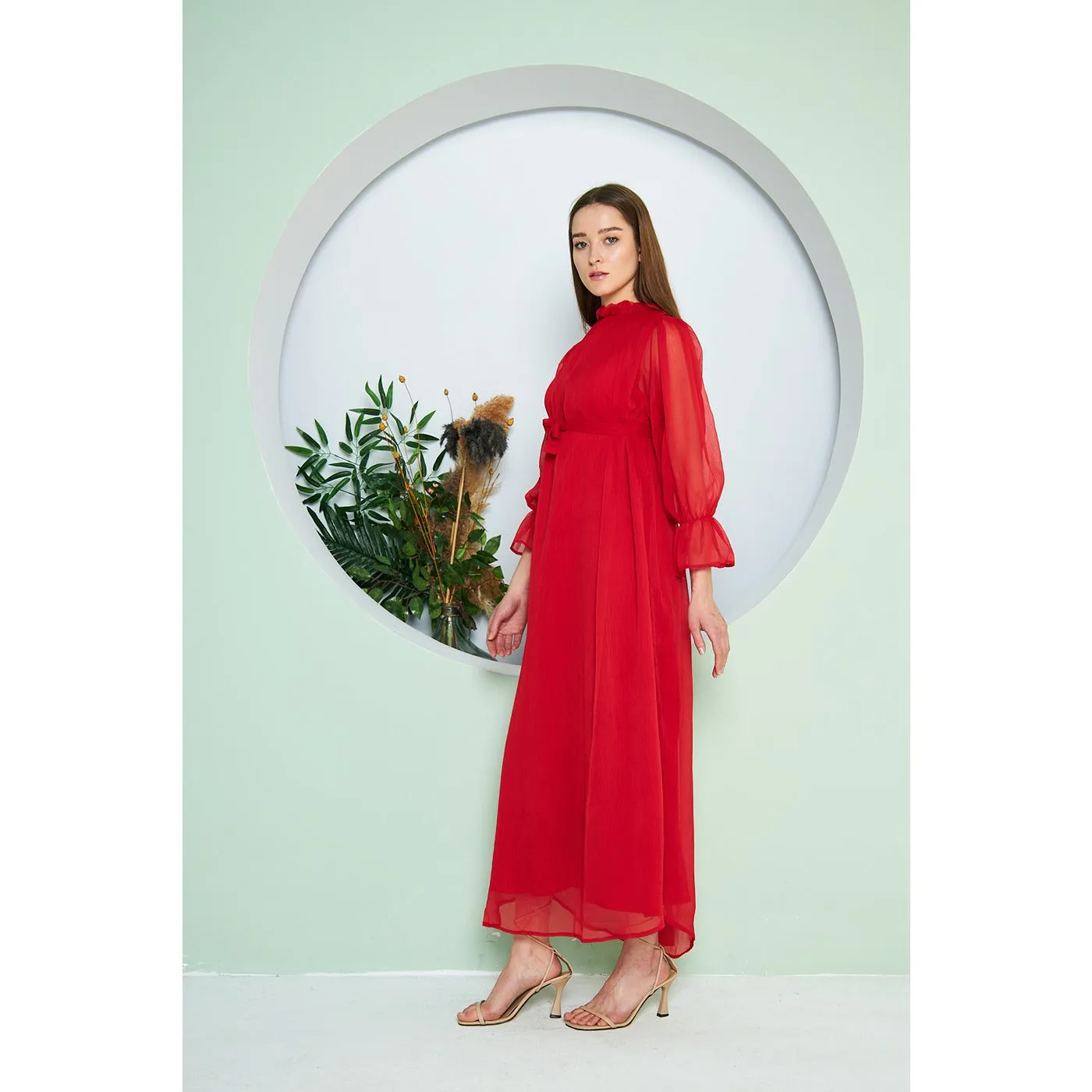 Chiffon Red Pleated Neck Dress