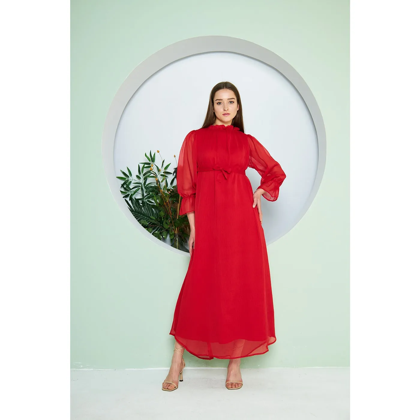 Chiffon Red Pleated Neck Dress