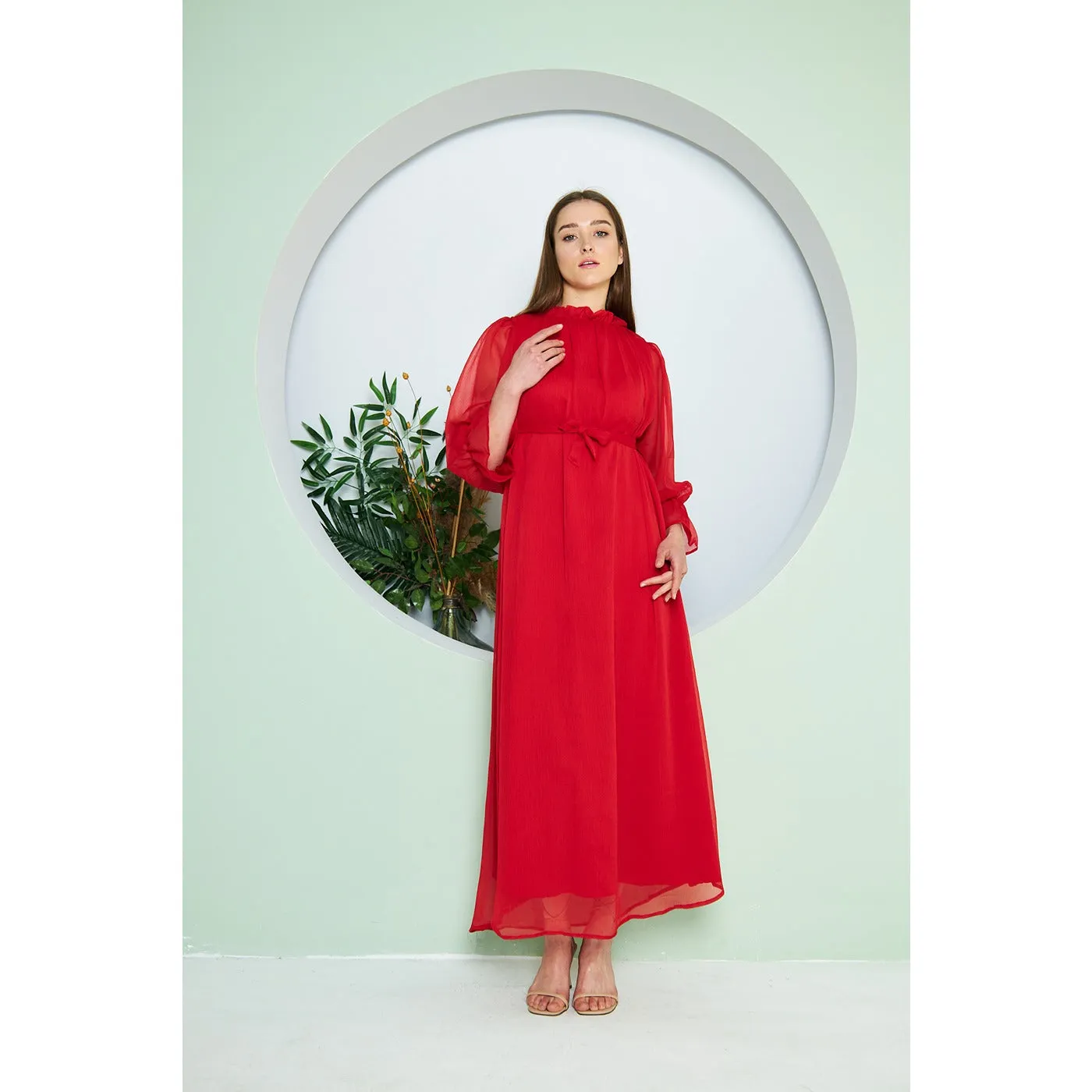 Chiffon Red Pleated Neck Dress