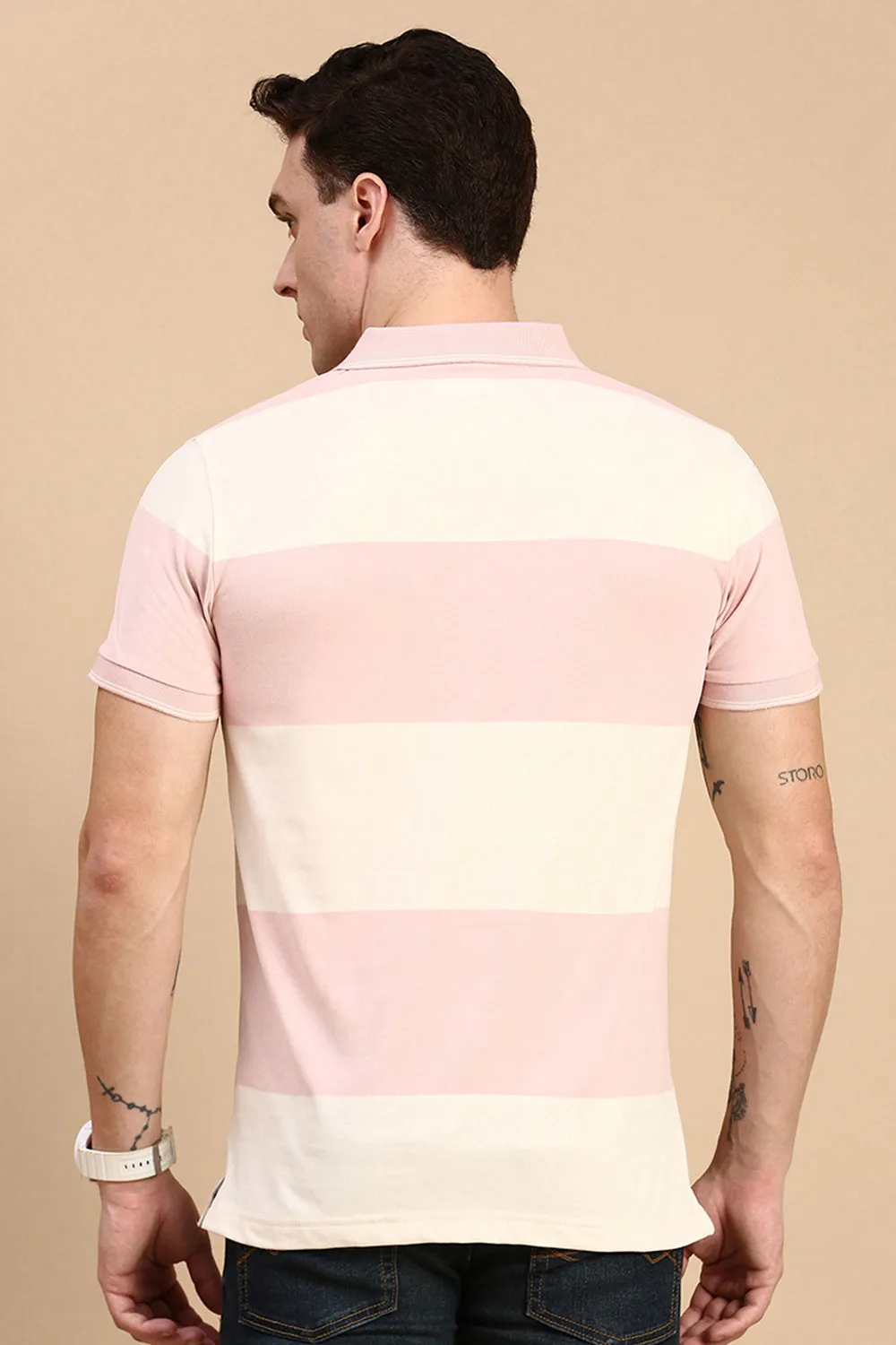 Classic Polo Men's Half Sleeve Beige/Pink Polo Neck Slim Fit Striped T-Shirt | CPEG - 335 A SF P