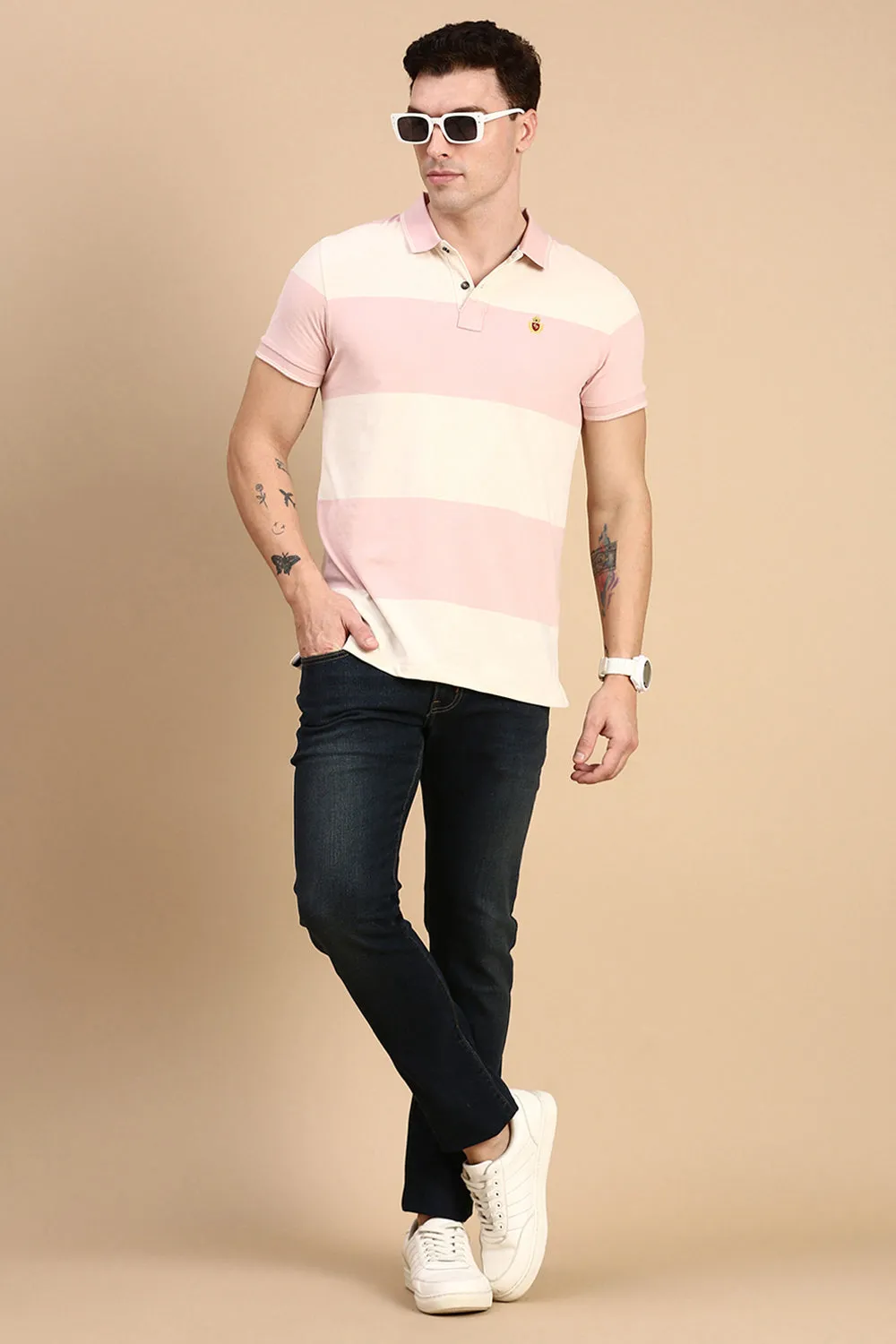 Classic Polo Men's Half Sleeve Beige/Pink Polo Neck Slim Fit Striped T-Shirt | CPEG - 335 A SF P