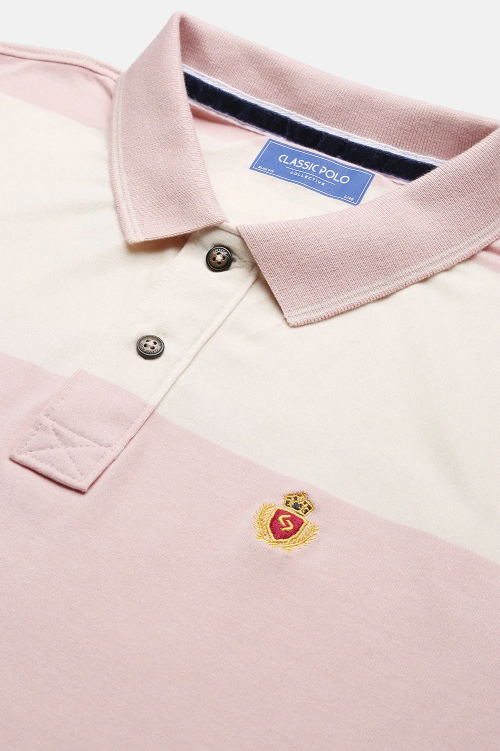 Classic Polo Men's Half Sleeve Beige/Pink Polo Neck Slim Fit Striped T-Shirt | CPEG - 335 A SF P