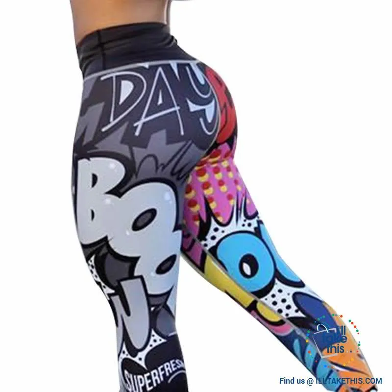 Comic Digital Printing Workout Leggings High Waist Push Up Leggings - Sizes: S-XL Pants