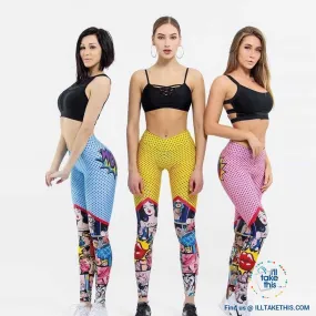 Comic Digital Printing Workout Leggings High Waist Push Up Leggings - Sizes: S-XL Pants