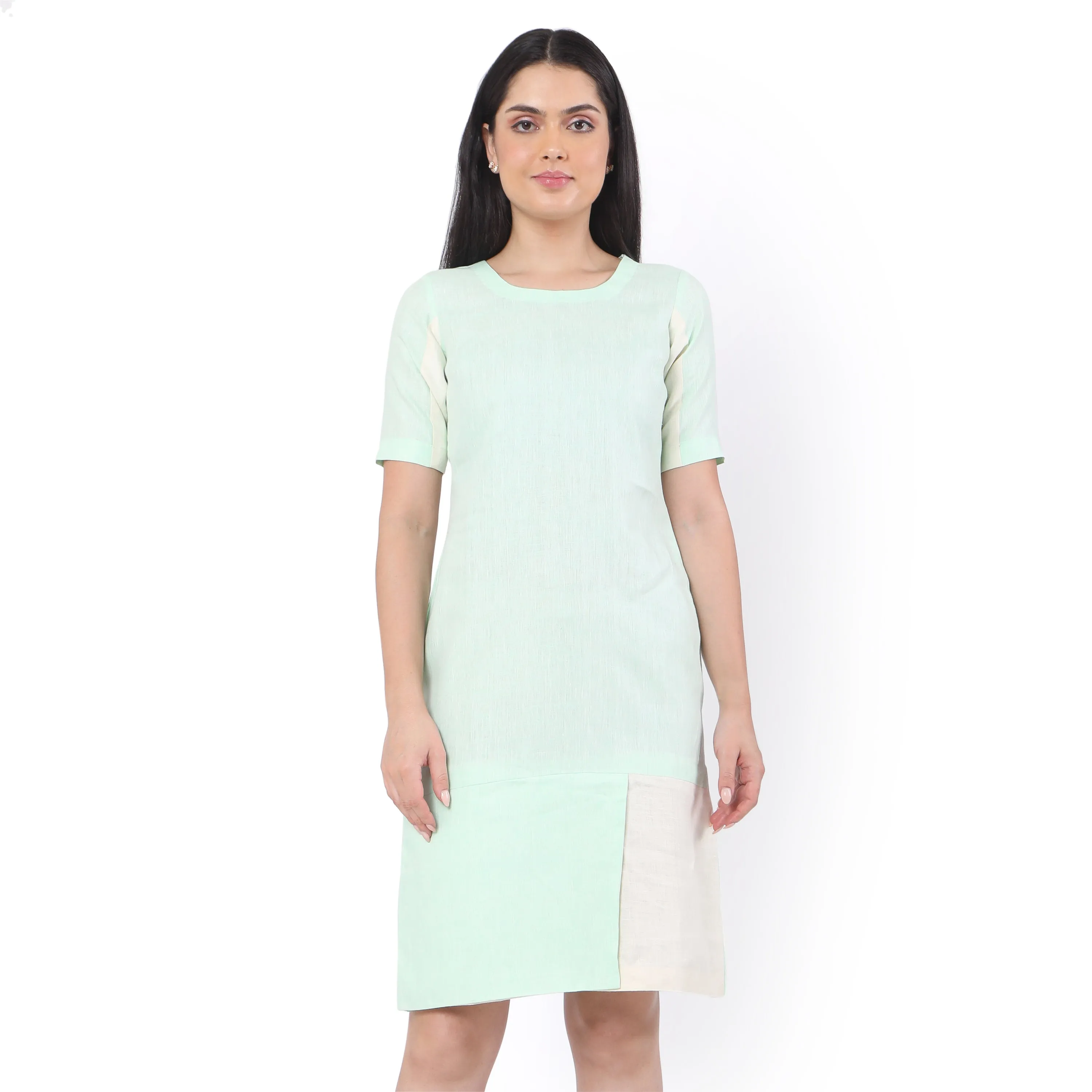 Contrast Half Sleeves Hemp Shift Dress