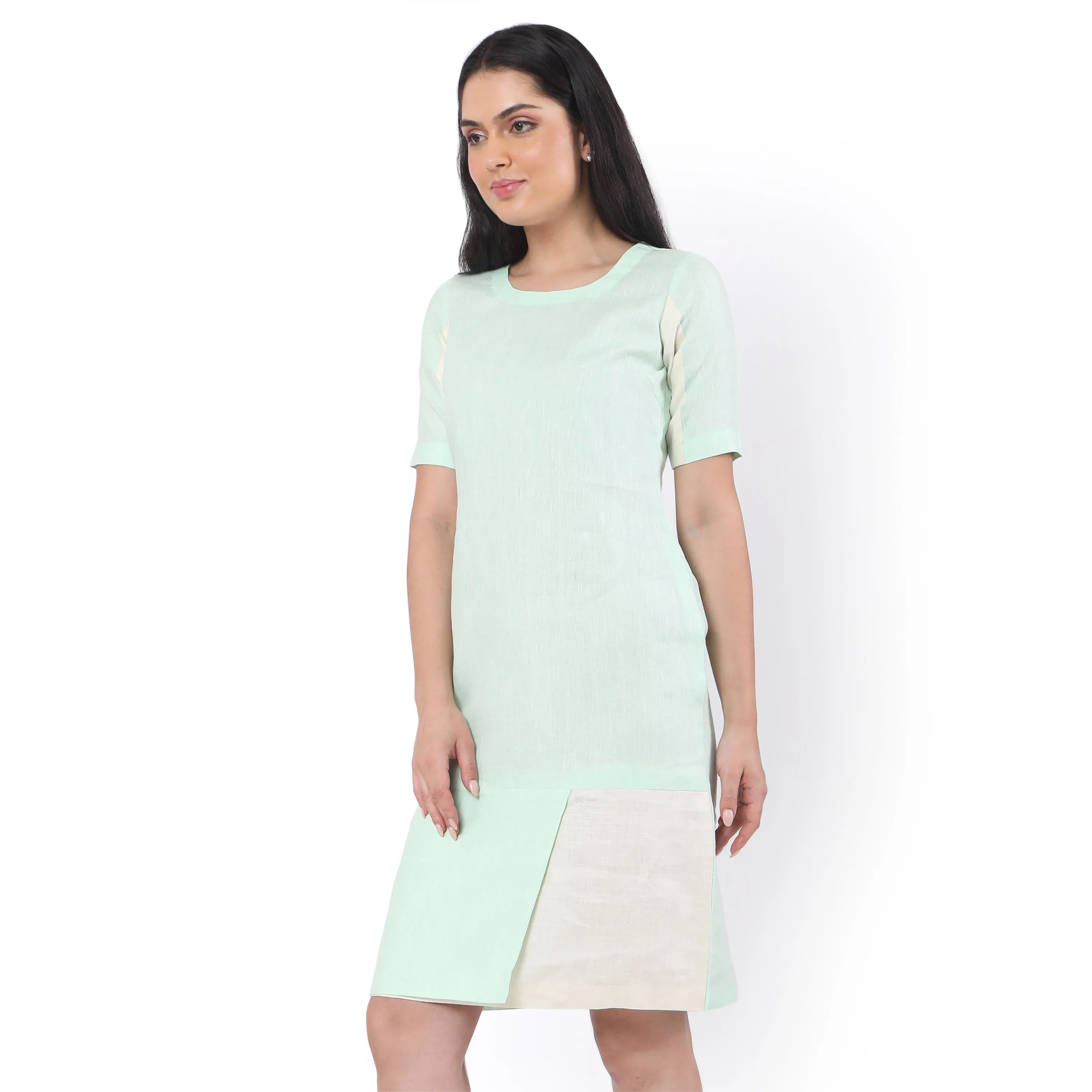 Contrast Half Sleeves Hemp Shift Dress