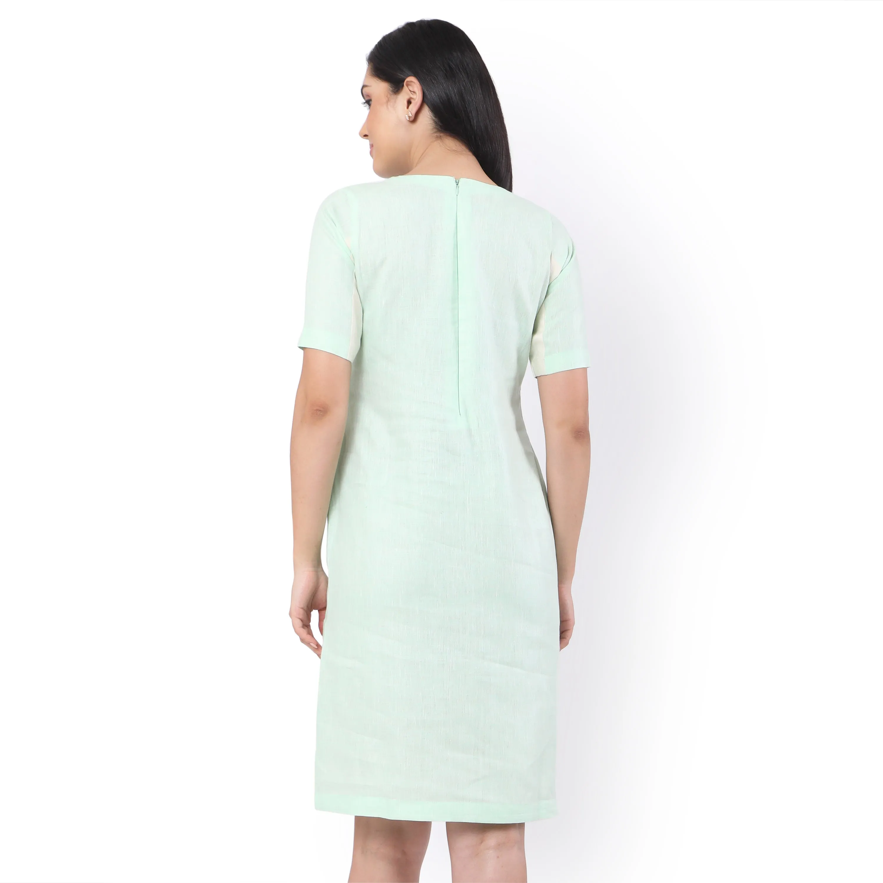 Contrast Half Sleeves Hemp Shift Dress