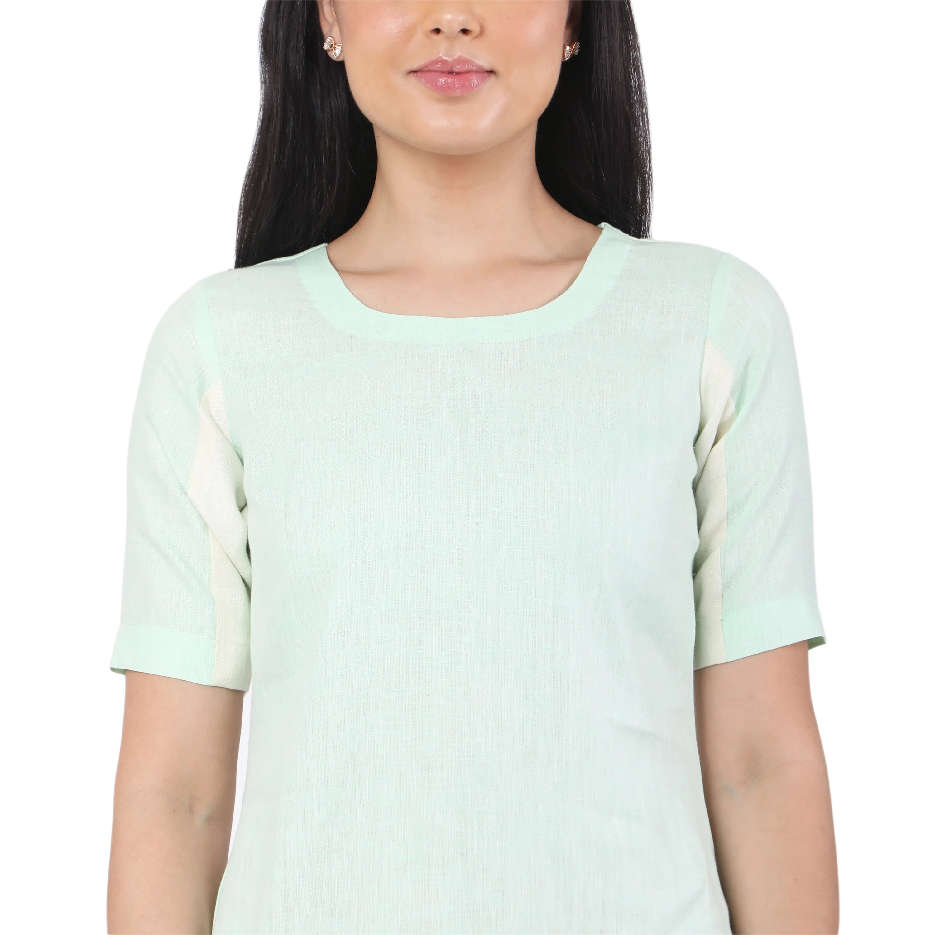 Contrast Half Sleeves Hemp Shift Dress