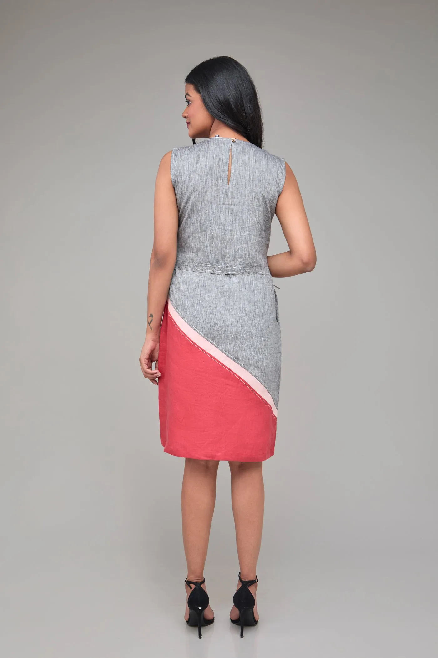 Contrast Sleeveless Hemp Shift Dress
