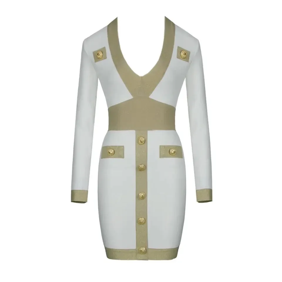 Contrast Trim Button Front Bodycon Bandage Dress