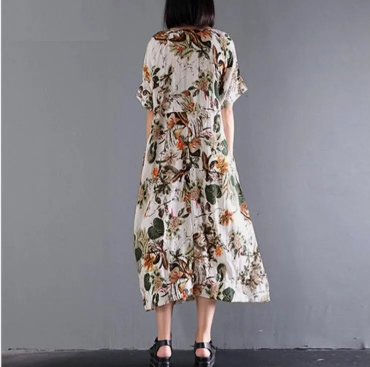 Cotton and Hemp Printing Medium and Long Middle Sleeve Side Sewn Pocket Dress