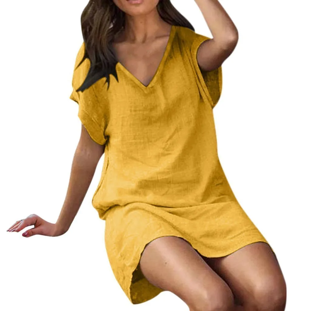 Cotton and Linen Solid Color V Collar Short Sleeve Long Dress