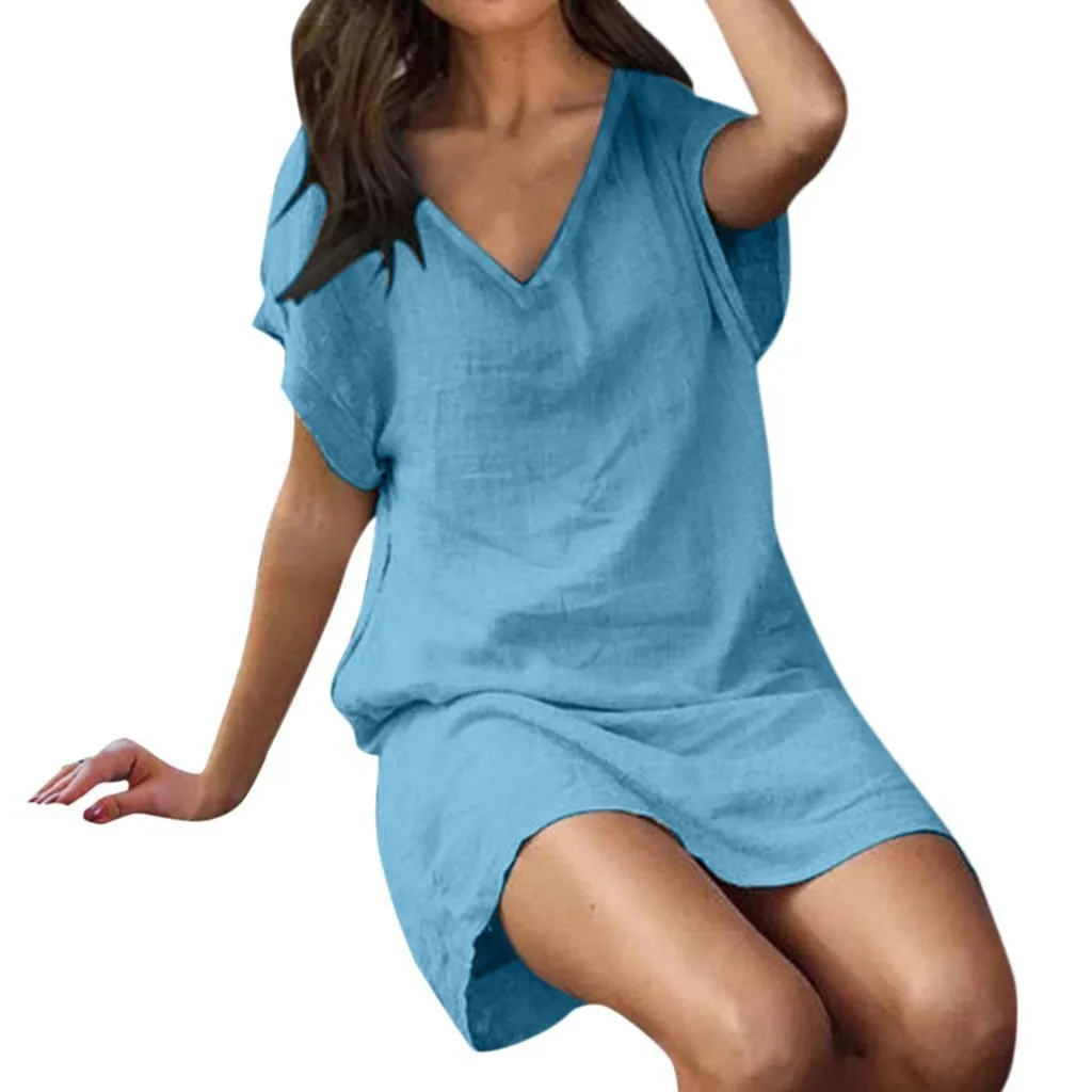 Cotton and Linen Solid Color V Collar Short Sleeve Long Dress