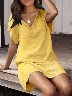 Cotton and Linen Solid Color V Collar Short Sleeve Long Dress