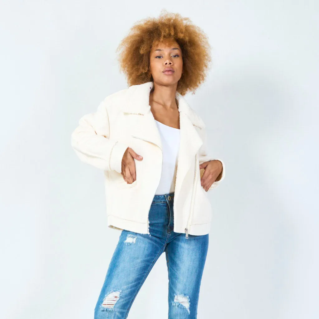 Cozy sherpa jacket with zipper closure wholesale