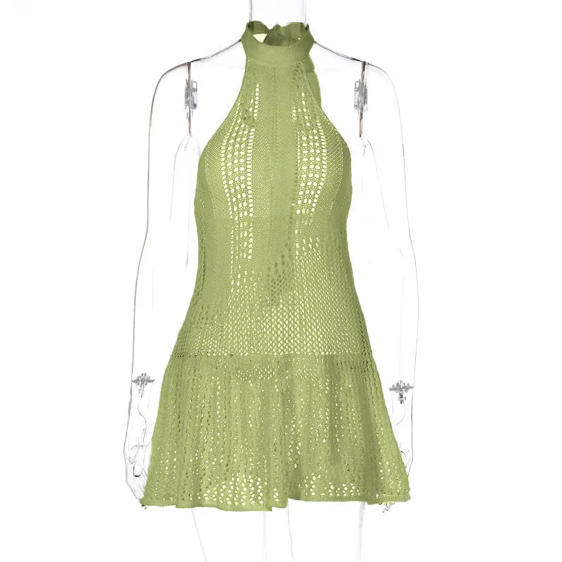 Crochet solid backless sleeveless halter self tie mini dress