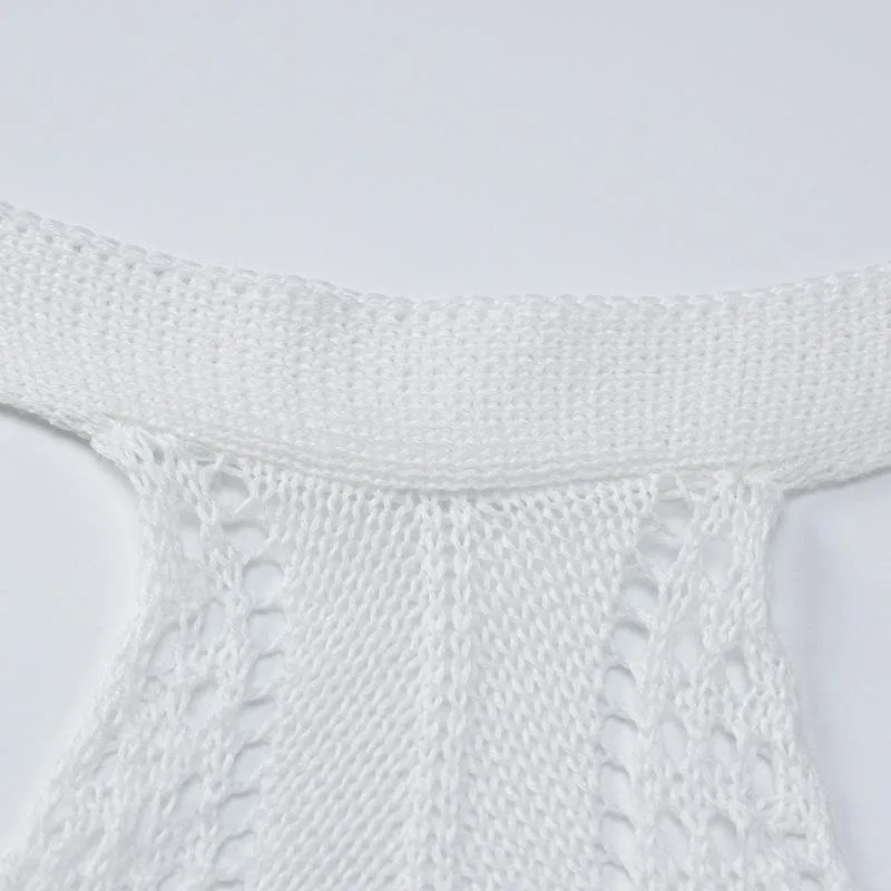 Crochet solid backless sleeveless halter self tie mini dress