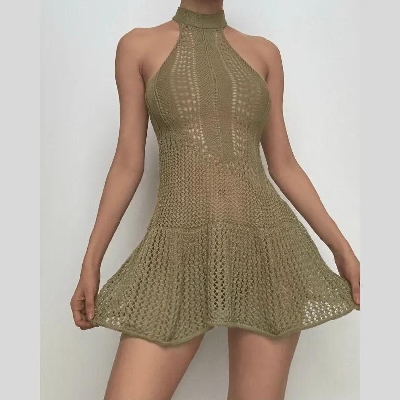 Crochet solid backless sleeveless halter self tie mini dress