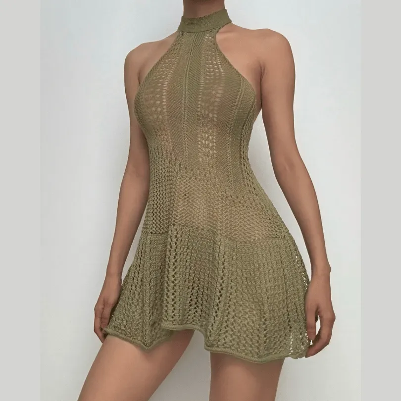 Crochet solid backless sleeveless halter self tie mini dress