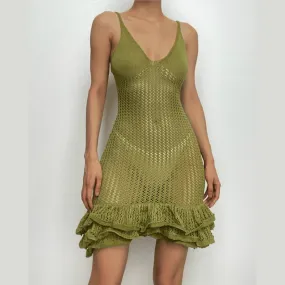Crochet v neck sleeveless hollow out ruffle cut out mini dress