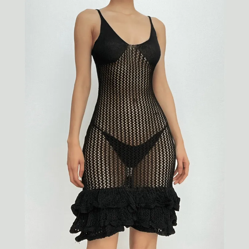 Crochet v neck sleeveless hollow out ruffle cut out mini dress