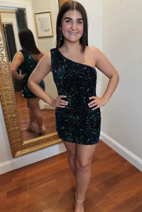 Dark Navy Sequins One Shoulder Tight Homecoming Dress