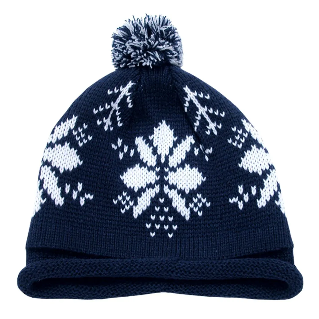 Decky 611B Snowflake Knit Roll Up Cuffed Beanie Hats with Pom Pom Warm Beanies Caps