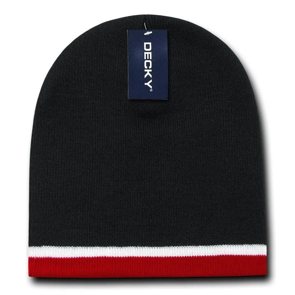 Decky Double Striped 3 Tone Beanies Knitted Ski Skull Winter Caps Hats