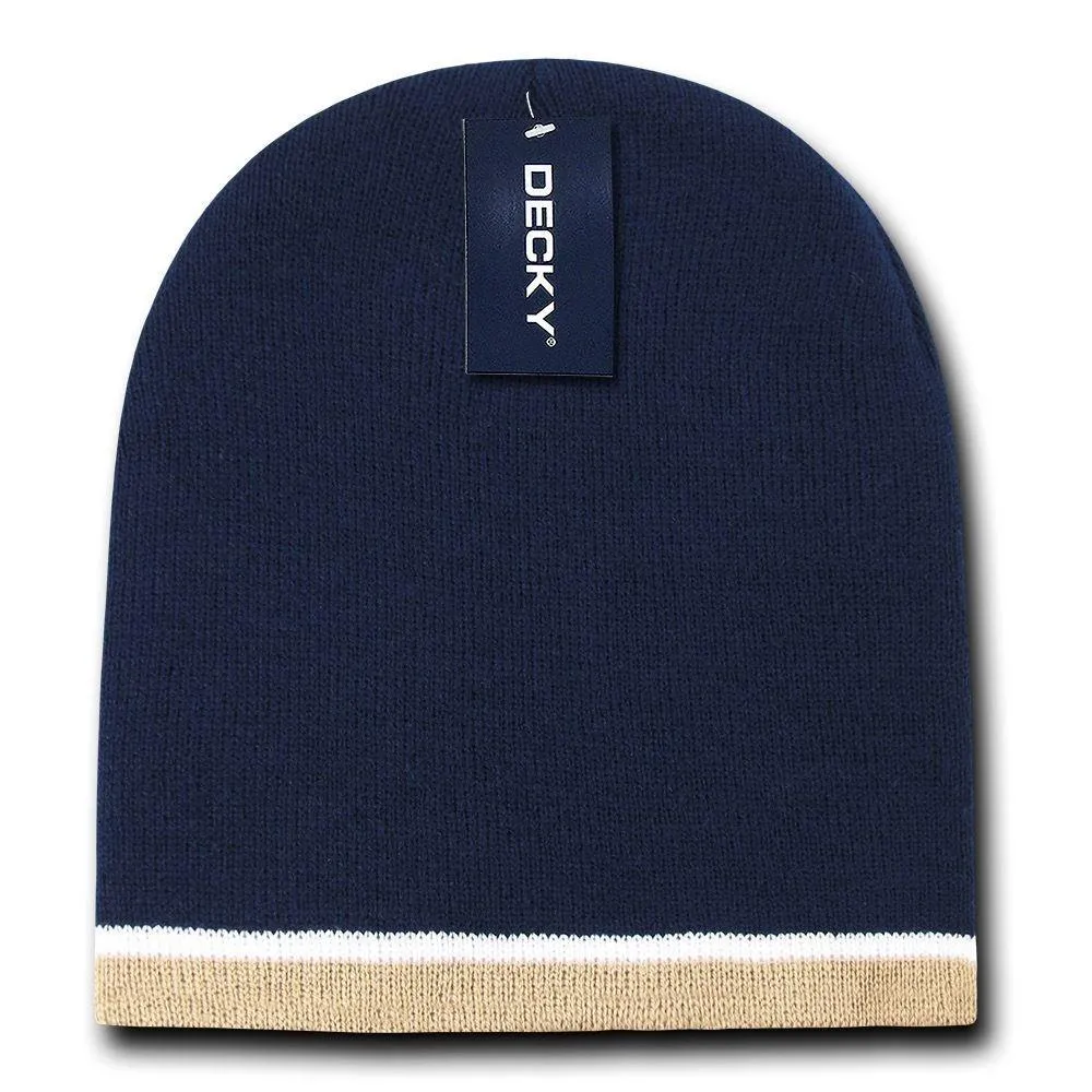 Decky Double Striped 3 Tone Beanies Knitted Ski Skull Winter Caps Hats
