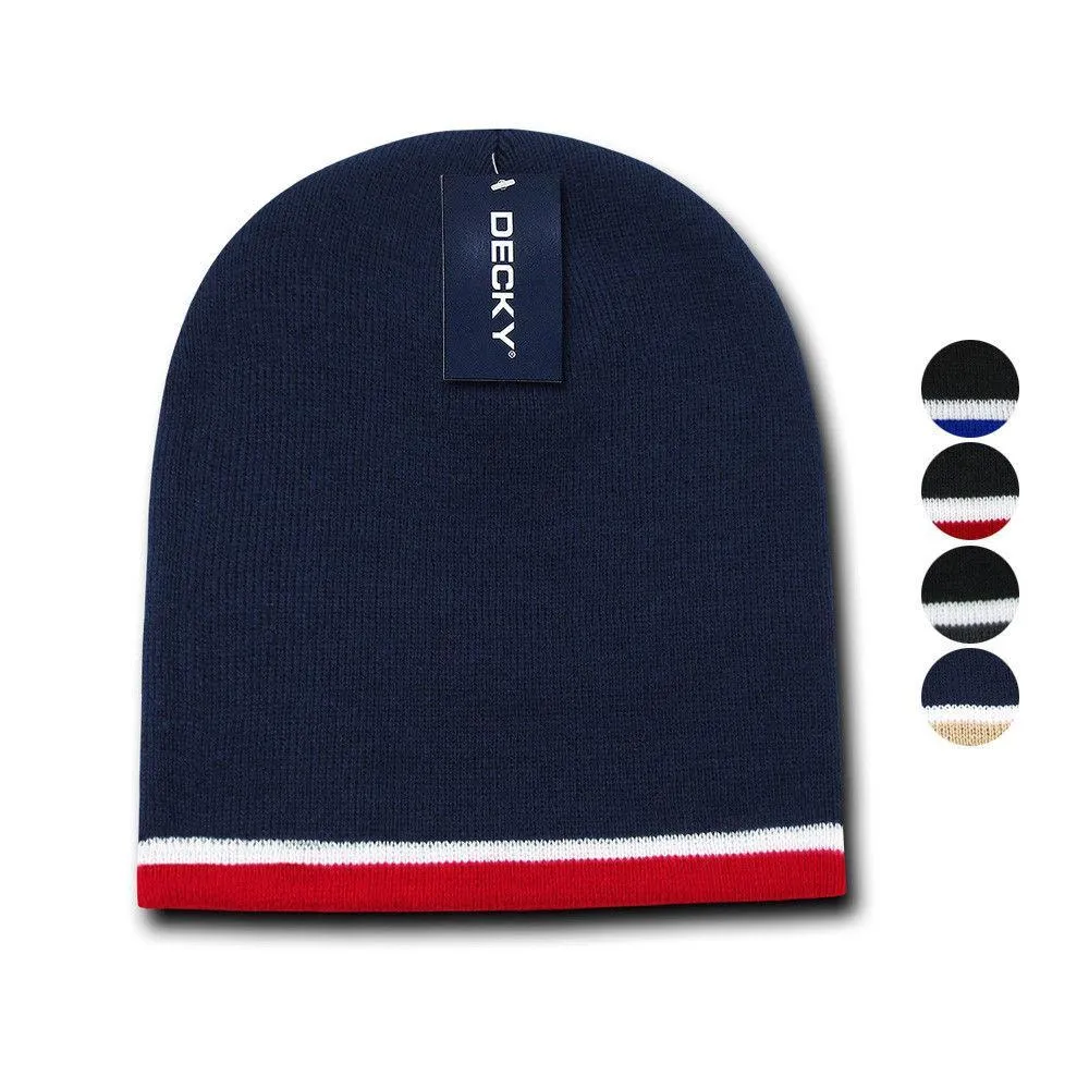 Decky Double Striped 3 Tone Beanies Knitted Ski Skull Winter Caps Hats