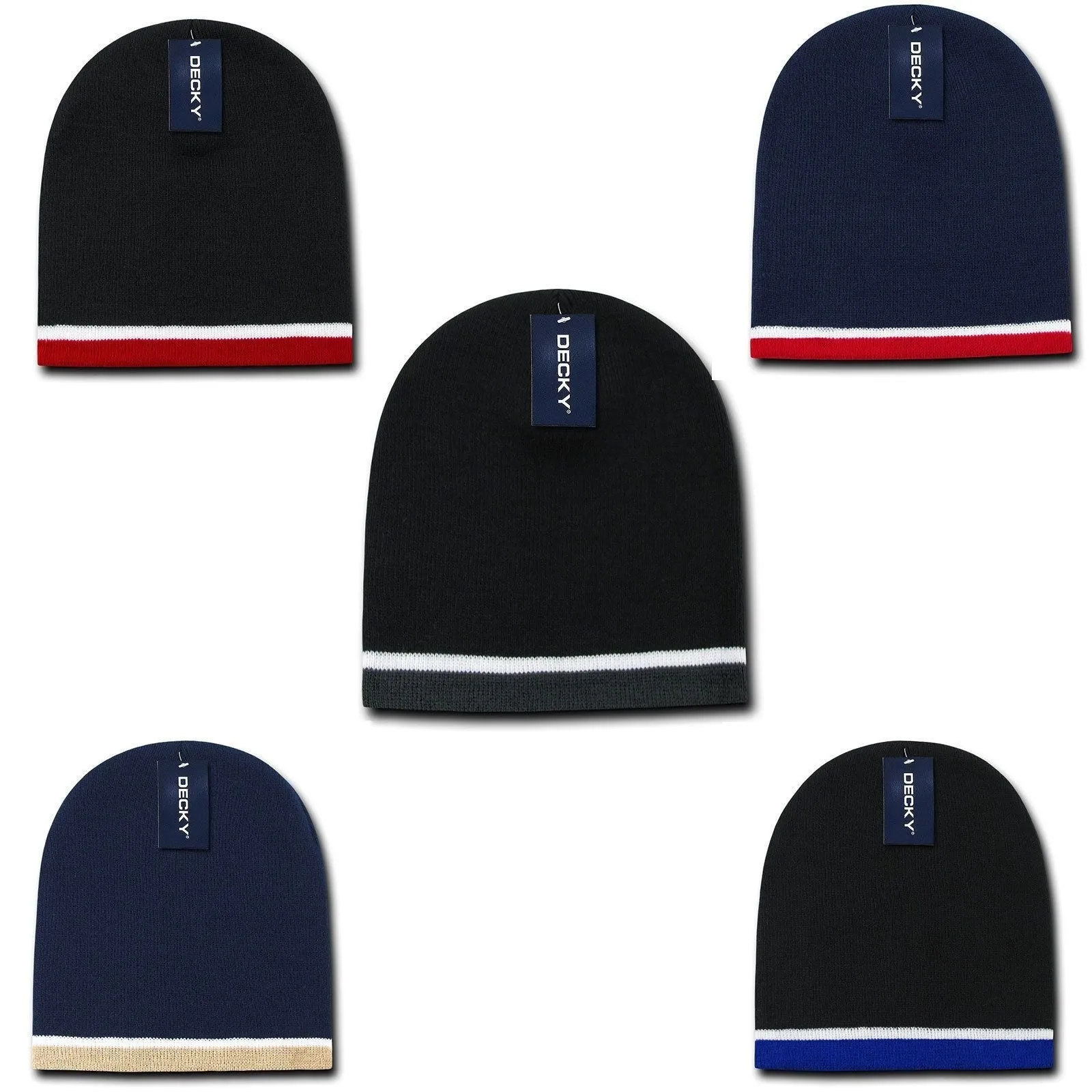 Decky Double Striped 3 Tone Beanies Knitted Ski Skull Winter Caps Hats