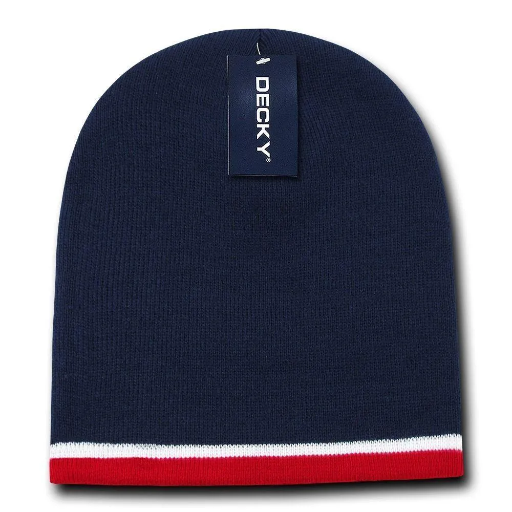 Decky Double Striped 3 Tone Beanies Knitted Ski Skull Winter Caps Hats