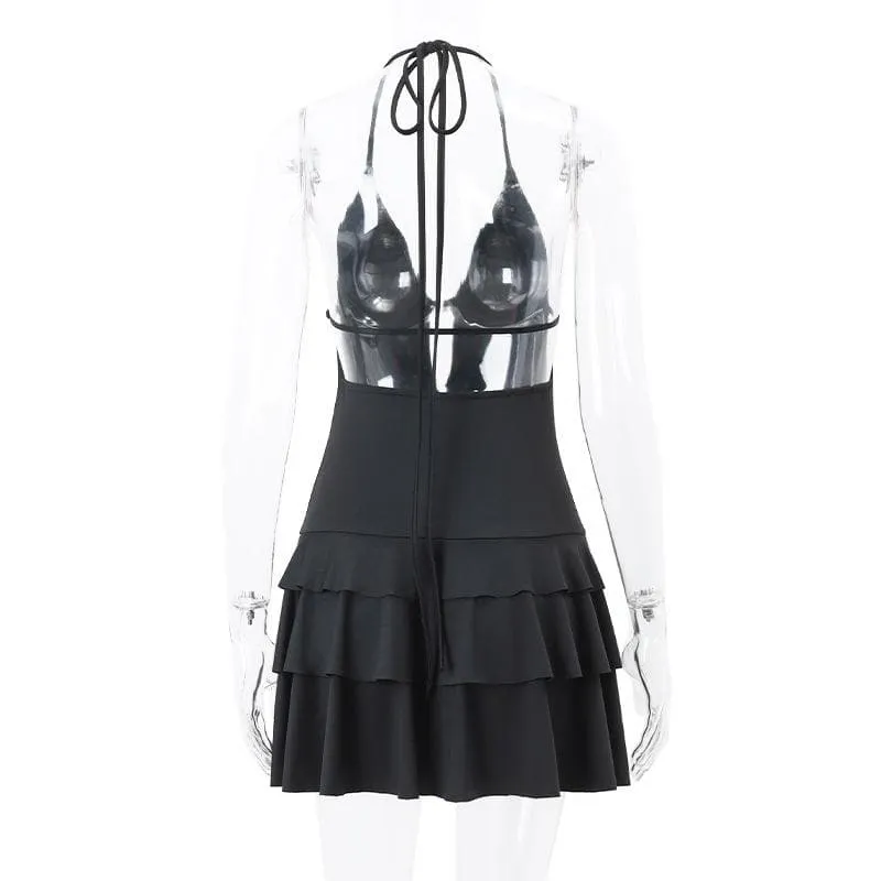 Deep V neck ruffle halter backless flower applique mini dress