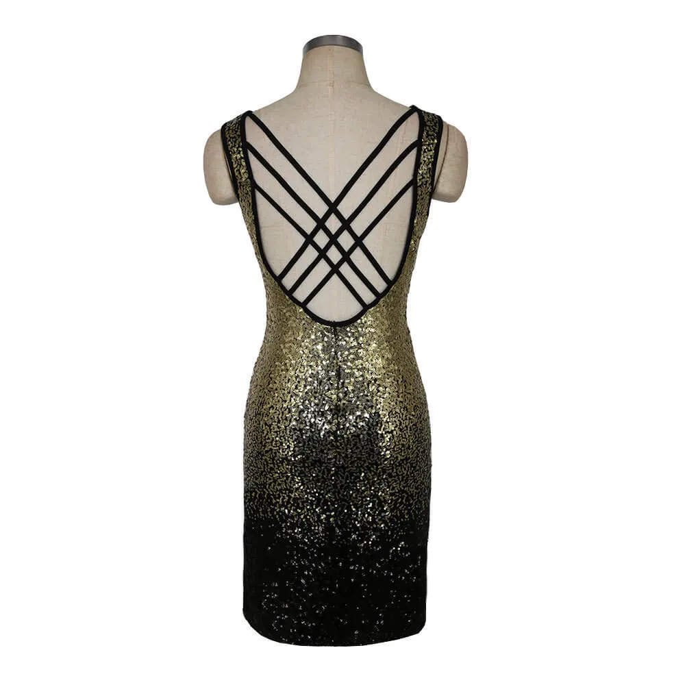 Deep V-neck Sleeveless Backless Sexy Club Bodycon Sequined Dress