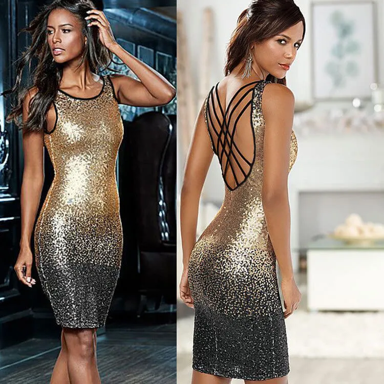 Deep V-neck Sleeveless Backless Sexy Club Bodycon Sequined Dress
