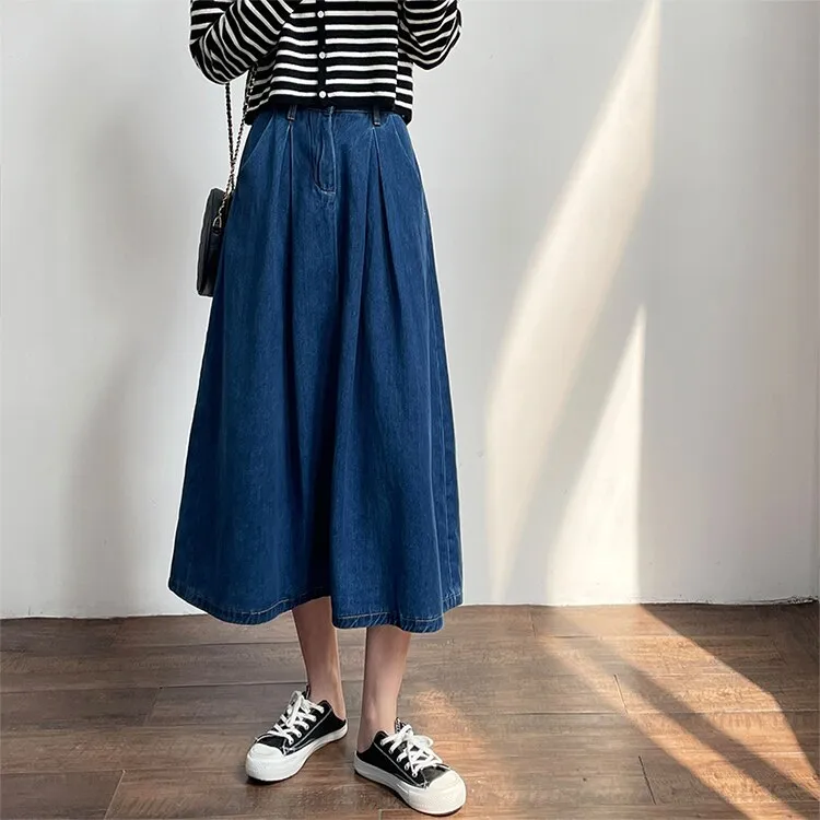 Denim Skirts Women Casual High Waist Lady Loose Vintage Dark Blue Skirts