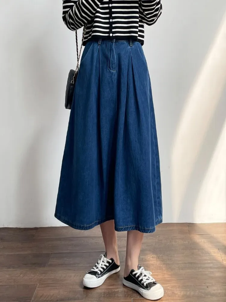 Denim Skirts Women Casual High Waist Lady Loose Vintage Dark Blue Skirts