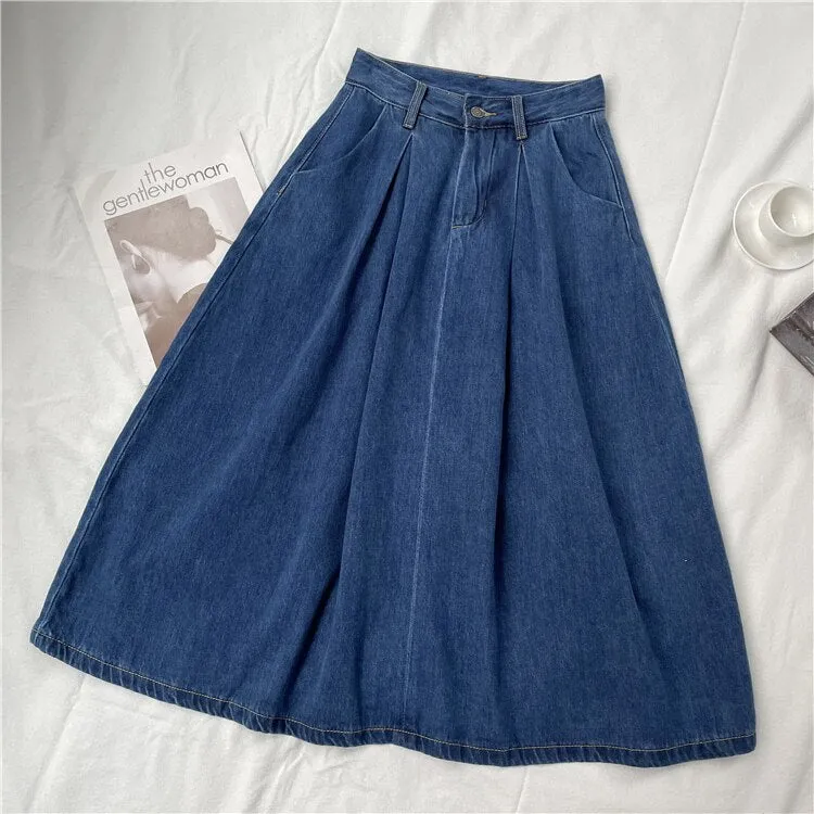 Denim Skirts Women Casual High Waist Lady Loose Vintage Dark Blue Skirts