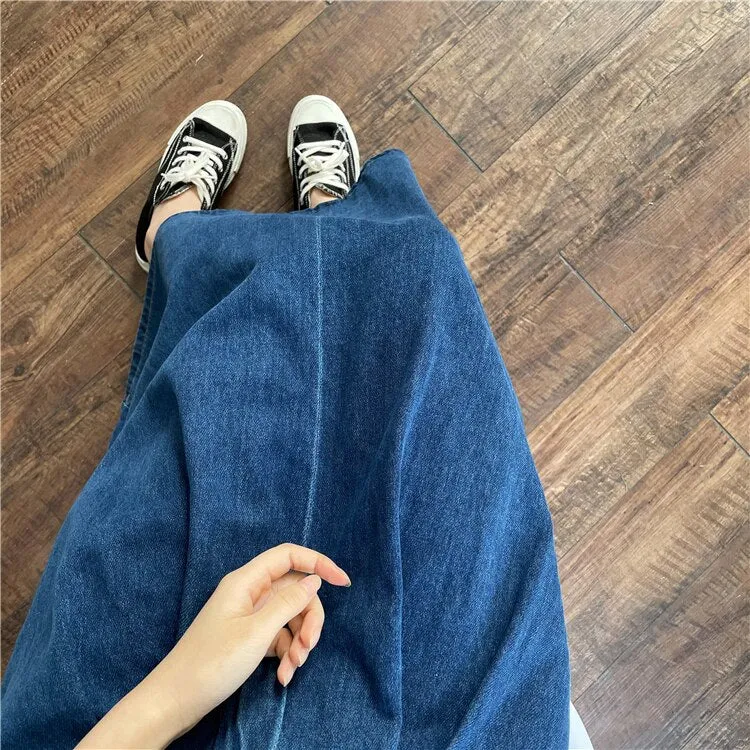 Denim Skirts Women Casual High Waist Lady Loose Vintage Dark Blue Skirts