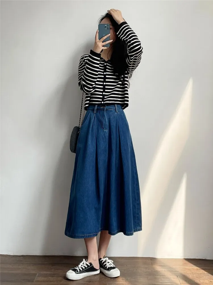 Denim Skirts Women Casual High Waist Lady Loose Vintage Dark Blue Skirts