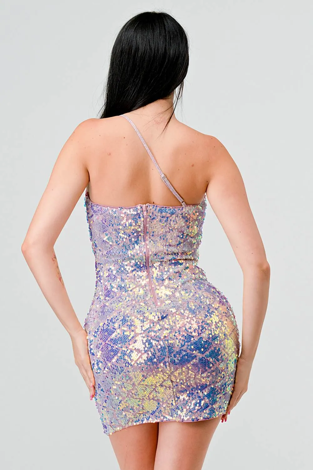 DIAMOND SEQUINS ONE STRAP SLIT BODYCON MINI DRESS