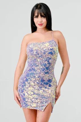 DIAMOND SEQUINS ONE STRAP SLIT BODYCON MINI DRESS