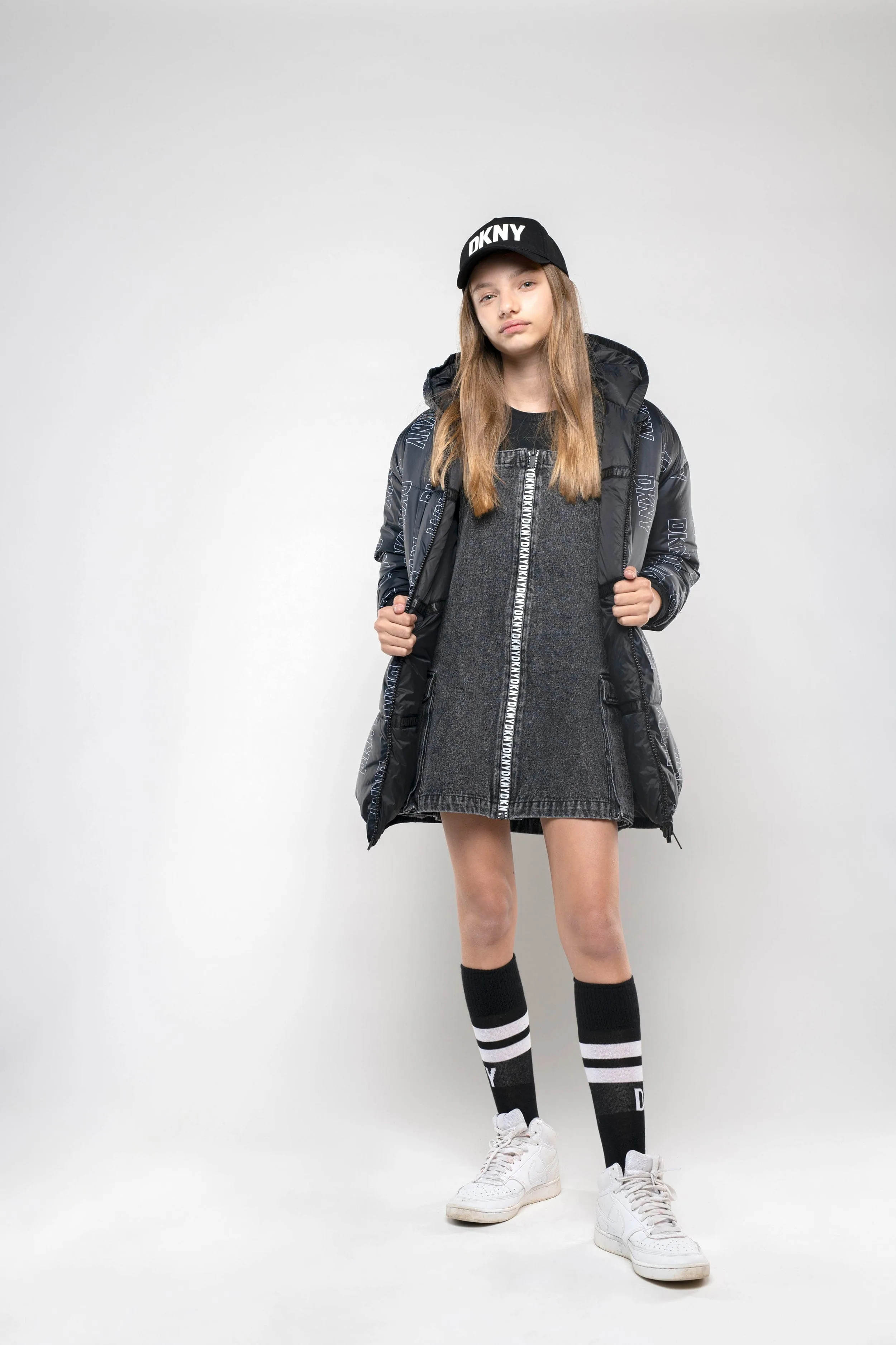 DKNY Girls Denim Dungaree Dress in Black