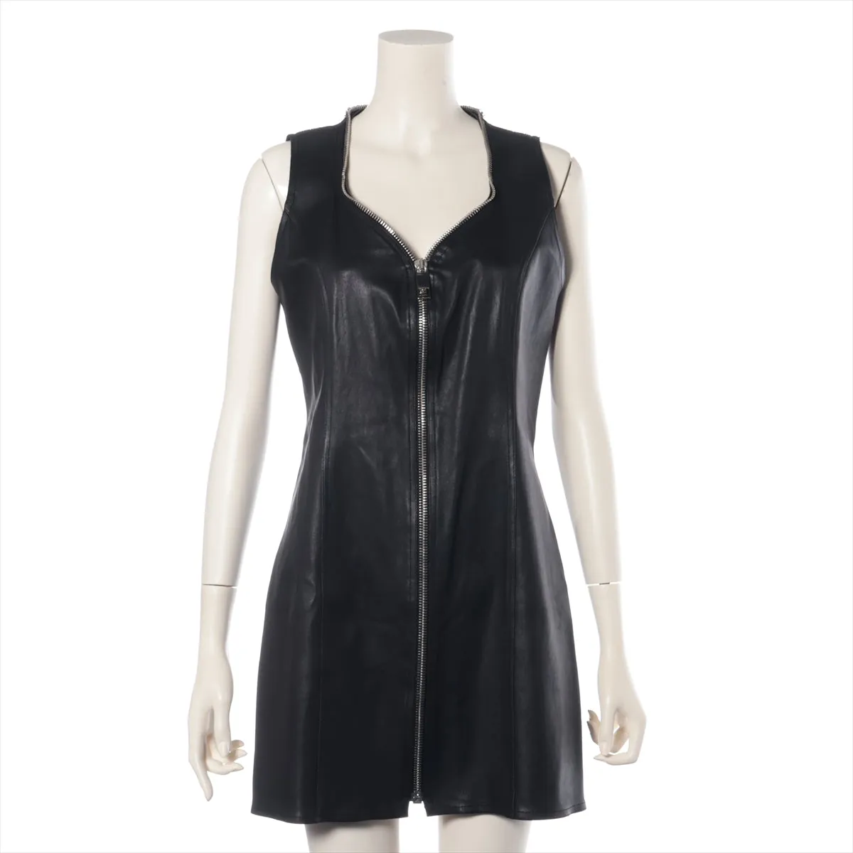 Fendi Zipper Leather Sleeveless Mid-length Dress Black