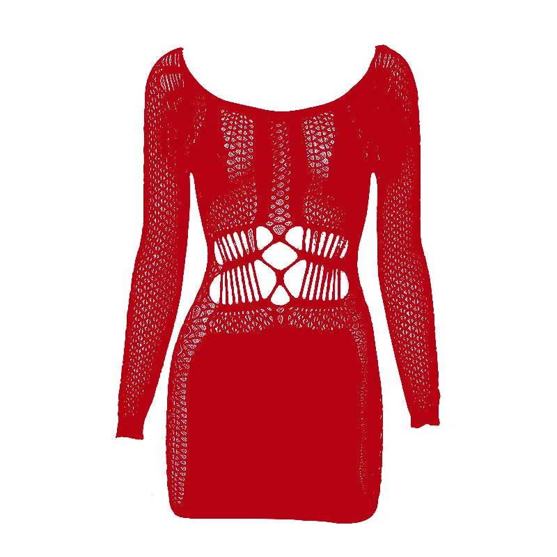 Fishnet long sleeve hollow out see through cut out mini dress