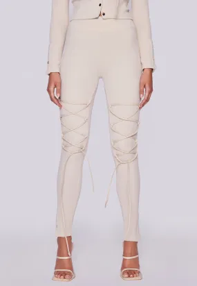 Front Laced High Waisted Ribbed Leggings - Sand