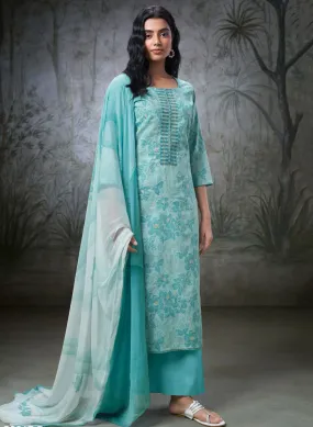Ganga Blue Pure Cotton Unstitched Suit Material for Women