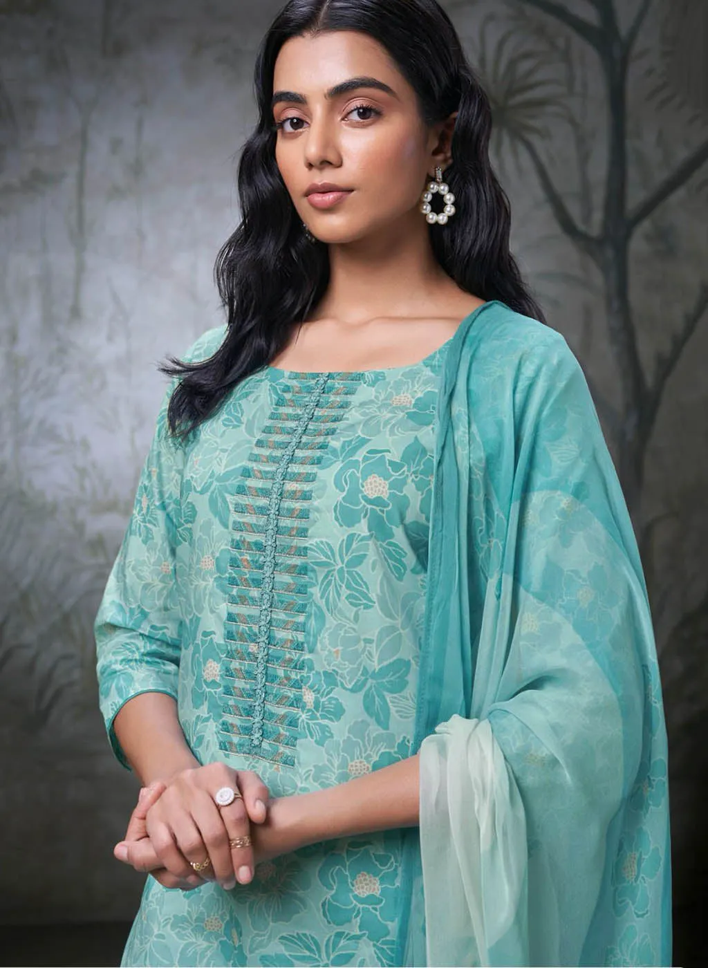 Ganga Blue Pure Cotton Unstitched Suit Material for Women