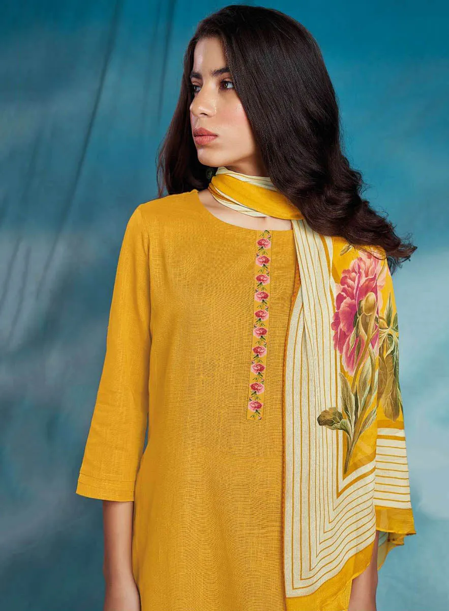 Ganga Cotton Linen Yellow Unstitched Ladies Suit Dress Material