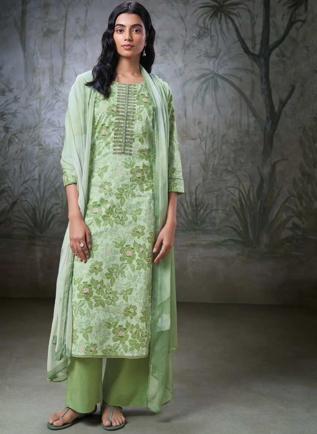 Ganga Green Pure Cotton Unstitched Suit Material for Women